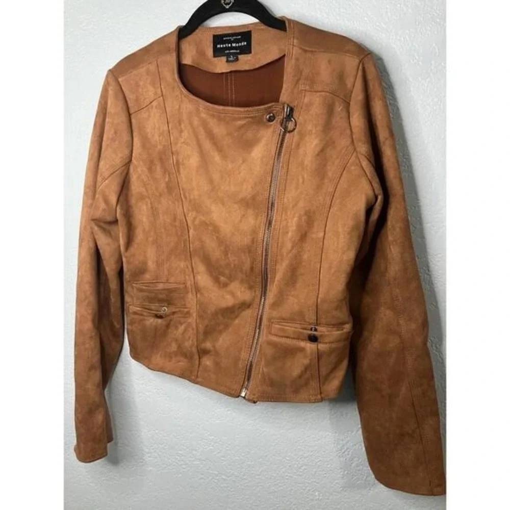 Haute Monde Faux Suede Moto Woman's Sz Large Brown Full Zip Jacket - Picture 1 of 9